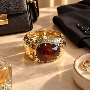 Könnte beinhalten: Ein goldfarbenes Klapparmband mit einem breiten, strukturierten Metallband in gehämmertem Design. In der Mitte des Armbands befindet sich ein großer, glatter, unregelmäßig geformter dunkelbrauner Harzstein, der in einen dekorativen goldfarbenen Rahmen gefasst ist.