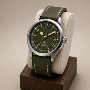 Peut inclure: Une montre automatique avec un boîtier rond en acier inoxydable argenté et un cadran vert olive mat. Le cadran présente des aiguilles dorées, des chiffres arabes à 2, 4, 6, 8, 10 et 12, un guichet de date à 3 heures et un bracelet en cuir vert olive.