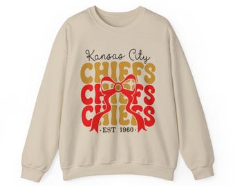 Sudadera de cuello redondo con lazo de los Kansas City Chiefs / Conjunto para el día del partido de los Chiefs / Ropa linda para fanáticos del fútbol americano Sudadera de cuello redondo de fútbol americano Swiftie