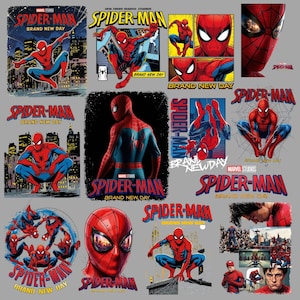 May include: A collection of Spider-Man Brand New Day graphic illustrations featuring the character in various poses, including crouching, leaping, and close-up portraits, with red and blue costumes, city backgrounds, and comic book panels.