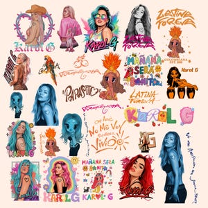 Op de afbeelding: Een verzameling stickers met Karol G, waaronder portretten met blauw, roze en rood haar, cartoonillustraties en tekstafbeeldingen zoals Mañana Será Bonito, Latina Forever en Tropi-Q-Uista, allemaal weergegeven op een lichtbeige achtergrond.