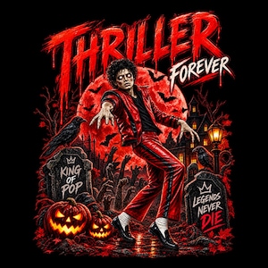 May include: A black graphic t-shirt featuring a red-toned illustration of a person in a red suit dancing in a graveyard. Text reads THRILLER FOREVER, KING OF POP, and LEGENDS NEVER DIE. The scene includes tombstones, pumpkins, and bats.