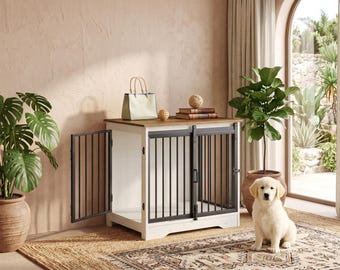 Wooden Dog Crate Furniture, Indoor Kennel, Double Door Barn Door Dog House, Small Dog Crate, Indoor Dog Furniture.