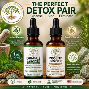 Könnte beinhalten: Zwei 30 ml Braunglas-Tropfflaschen mit den Etiketten Parasite Cleanse und Zeolite Binder. Die Etiketten zeigen ein Baumlogo und Text zu Kräuter- und Mineralformeln. Die Flaschen sind von Kräutern, Mineralien und beschreibendem Text umgeben.