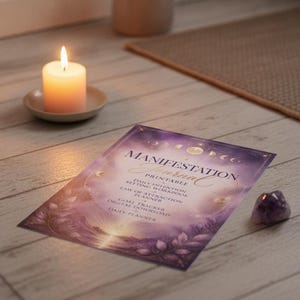 Op de afbeelding: Een rechthoekig printbaar manifestatiejournaal met een paars en goudkleurig hemels ontwerp, maanfasen, florale accenten en de tekst Manifestation Journal, Daily Intention Setting Workbook, Law of Attraction Planner, Goal Tracker.