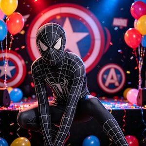 May include: A black full-body spandex suit featuring a white spider web pattern and a large white spider emblem on the chest. The suit includes a matching full-head mask with white eye lenses, worn in a crouching pose amidst colorful balloons.