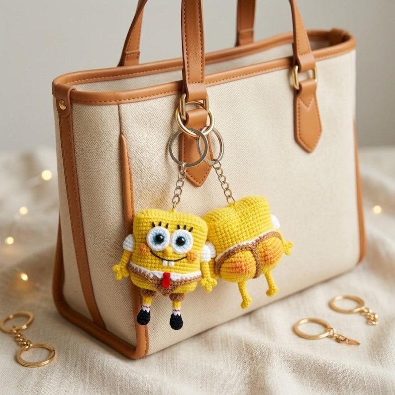 Op de afbeelding: Een beige canvas tas met lichtbruine lederen afwerking, voorzien van twee gehaakte sleutelhangers in de vorm van een geel sponsfiguur aan het handvat. De ene hanger toont de voorkant, de andere de achterkant met oranje details.