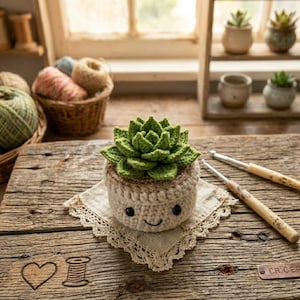 Op de afbeelding: Een gehaakte vetplant in een kleine, crèmekleurige pot met een geborduurd lachend gezichtje. De plant heeft gelaagde groene bladeren en staat op een wit kanten kleedje. Twee haaknaalden met houten handvat liggen naast de pot.