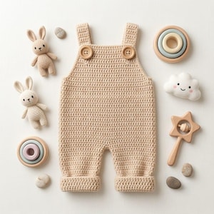 May include: A beige crochet overall with two wooden buttons at the straps, surrounded by two small crochet rabbits, two circular stacking toys in pastel colors, a white cloud-shaped toy, a wooden star-shaped rattle, and several smooth gray stones.