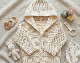 Haakpatroon voor een babyhoodie (pdf), haakpatroon voor een babytrui, haakpatroon voor een babyvestje, kraamcadeau, unisex hoodie, geschikt voor beginners