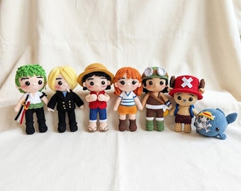 Gehaakte amigurumi-piraatpatroon pdf, 7-in-1-bundel, strohoed crew crochet, piraat gehaakte poppen, fotogids, beginnersvriendelijk
