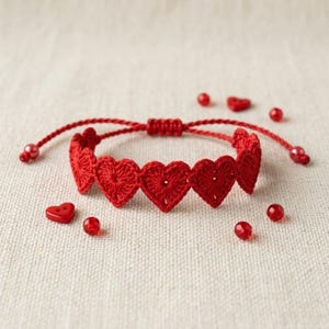 May include: A red crochet bracelet featuring a series of connected heart-shaped motifs. The bracelet has thin cord ties with small red beads at the ends. Several loose red beads and a single red heart-shaped button are scattered around the bracelet.