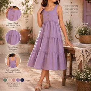May include: A lavender sleeveless midi dress featuring a square neckline, three brown buttons on the bodice, and a flowy tiered skirt. The dress is made of a soft muslin fabric and includes text overlays highlighting the square neck and tiered design.