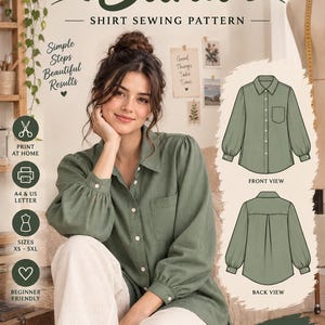 May include: A sewing pattern for a sage green button-down shirt titled Sana by Sewing Dreams Patterns. The image displays a person wearing the shirt, alongside technical front and back view illustrations, size range XS-5XL, and printing instructions.