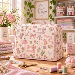 May include: A quilted sewing machine cover in cream fabric with a pink floral and sewing-themed print, featuring illustrations of sewing machines, spools, scissors, and buttons, with a square patch labeled Sew Happy and a heart symbol.