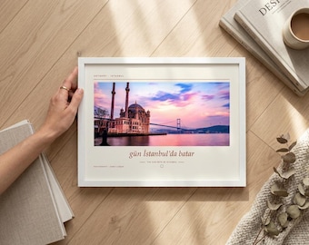 Framed Istanbul Sunset Photography Print | Ortaköy Bosphorus Wall Art | Turkey Travel Poster | Pink Sky Home Decor