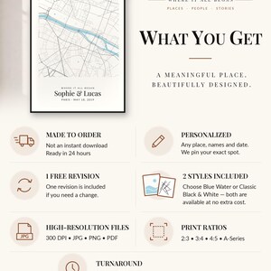 May include: A framed map print featuring a light blue river flowing through a city grid, with the text "WHERE IT ALL BEGAN", "Sophie & Lucas", and "PARIS - MAY 18, 2019". The image includes informational text about custom map design services.