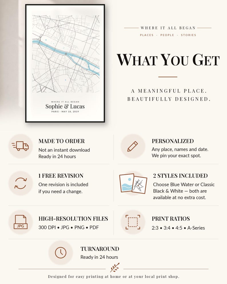 May include: A framed map print featuring a light blue river flowing through a city grid, with the text "WHERE IT ALL BEGAN", "Sophie & Lucas", and "PARIS - MAY 18, 2019". The image includes informational text about custom map design services.