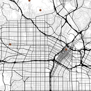 May include: A black and white street map print featuring a dense grid of roads and highways. Four solid brown circular markers are placed at specific locations across the urban layout, highlighting points of interest on the white background.