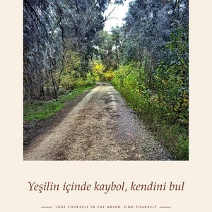 May include: A rectangular poster featuring a gravel walking path through a dense forest with green and yellow foliage. The text reads YAŞAR KEMAL Y&Uuml;R&Uuml;Y&Uuml;Ş PARKURU ADANA at the top and Yeşilin i&ccedil;inde kaybol, kendini bul with English translation below.