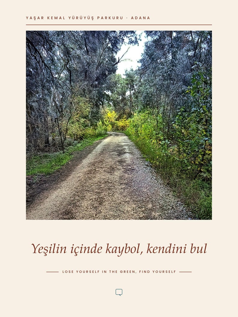 May include: A rectangular poster featuring a gravel walking path through a dense forest with green and yellow foliage. The text reads YAŞAR KEMAL Y&Uuml;R&Uuml;Y&Uuml;Ş PARKURU ADANA at the top and Yeşilin i&ccedil;inde kaybol, kendini bul with English translation below.
