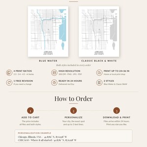 May include: A digital download guide for a custom Chicago map print. It displays two styles: Blue Water and Classic Black & White. The text outlines order steps, including personalization with city name and coordinates, and file specifications for printing up to 24x36 inches.