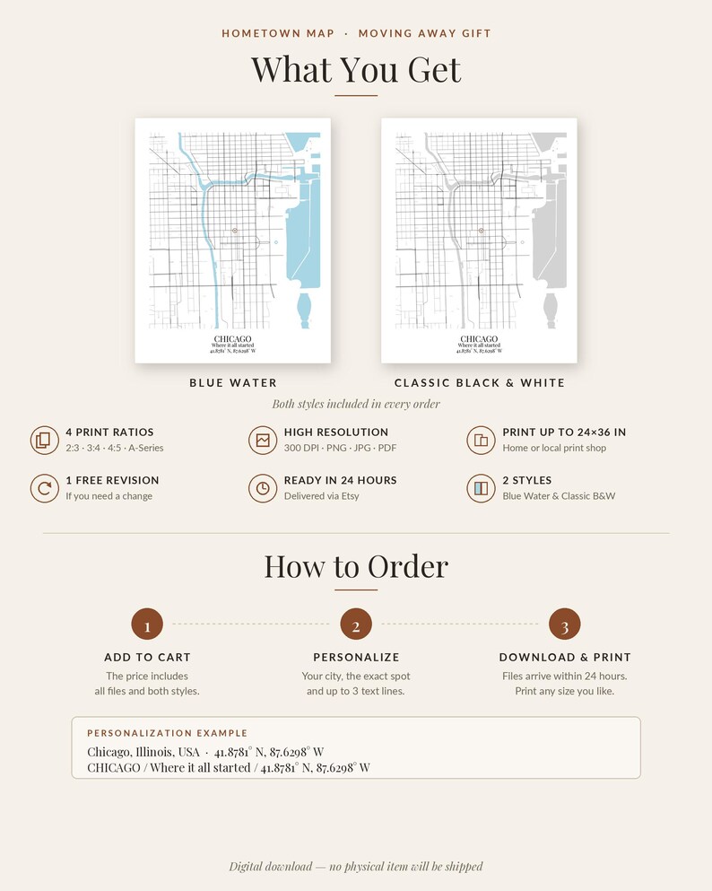 May include: A digital download guide for a custom Chicago map print. It displays two styles: Blue Water and Classic Black & White. The text outlines order steps, including personalization with city name and coordinates, and file specifications for printing up to 24x36 inches.
