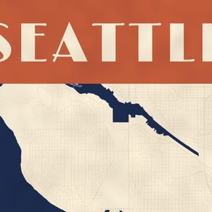 May include: A graphic map print of Seattle featuring the word SEATTLE in large cream-colored capital letters against a burnt orange rectangular header. The map displays a cream-colored landmass with a dark navy blue body of water and coastline.