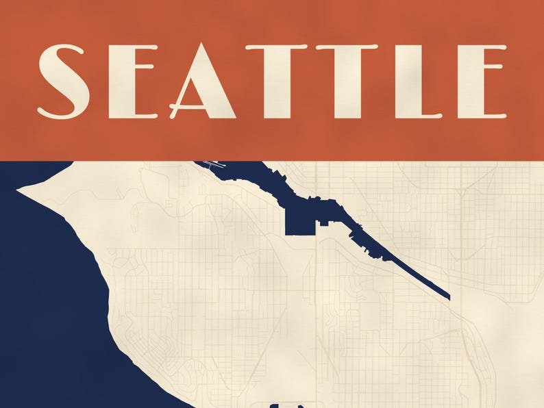 May include: A graphic map print of Seattle featuring the word SEATTLE in large cream-colored capital letters against a burnt orange rectangular header. The map displays a cream-colored landmass with a dark navy blue body of water and coastline.