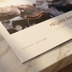 Op de afbeelding: Een fotoprint op cr&egrave;mekleurig papier met een kudde paarden die door stof rent. De tekst luidt r&uuml;zg&acirc;ra karşı, AGAINST THE WIND en PHOTOGRAPHY - AHMET &Ccedil;IĞŞAR. De print staat in een hoek en toont een gestructureerd oppervlak en warm licht.