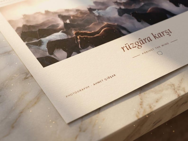 Op de afbeelding: Een fotoprint op cr&egrave;mekleurig papier met een kudde paarden die door stof rent. De tekst luidt r&uuml;zg&acirc;ra karşı, AGAINST THE WIND en PHOTOGRAPHY - AHMET &Ccedil;IĞŞAR. De print staat in een hoek en toont een gestructureerd oppervlak en warm licht.