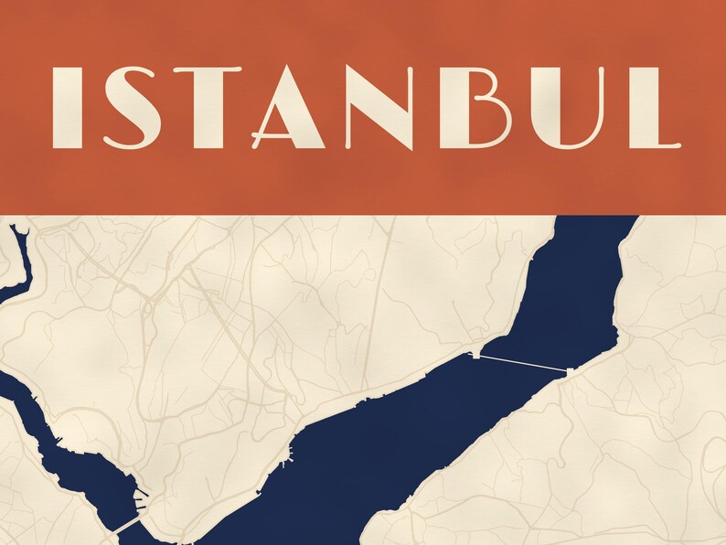 May include: A graphic map print of Istanbul featuring a deep orange horizontal header with the word ISTANBUL in white capital letters. Below the header, a cream-colored map displays the dark blue Bosphorus strait and surrounding city streets.