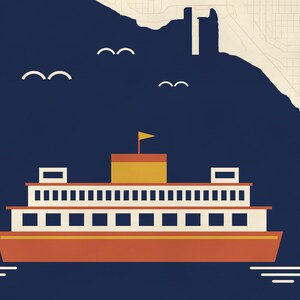 May include: A graphic illustration of a multi-level ferry boat in shades of orange, yellow, and white, set against a dark blue background with a stylized coastline, a grid map pattern in the upper right corner, and white bird silhouettes.