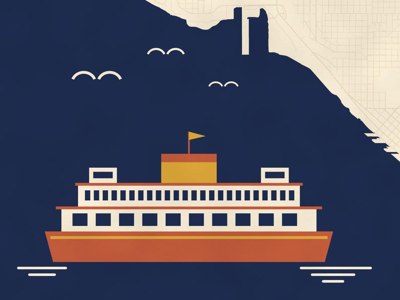 May include: A graphic illustration of a multi-level ferry boat in shades of orange, yellow, and white, set against a dark blue background with a stylized coastline, a grid map pattern in the upper right corner, and white bird silhouettes.
