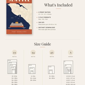 May include: A digital Seattle Puget Sound ferry poster with a size guide showing print ratios 2:3, 3:4, 4:5, and A-series. The poster features a dark blue ferry on a cream background with orange accents. The guide lists dimensions in inches and cm.