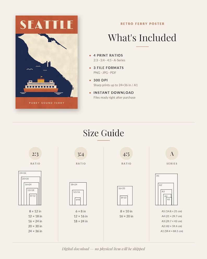 May include: A digital Seattle Puget Sound ferry poster with a size guide showing print ratios 2:3, 3:4, 4:5, and A-series. The poster features a dark blue ferry on a cream background with orange accents. The guide lists dimensions in inches and cm.