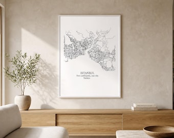 Mapa de Istambul em pôster | Download digital | Arte de parede para imprimir | Preto e branco + Água azul
