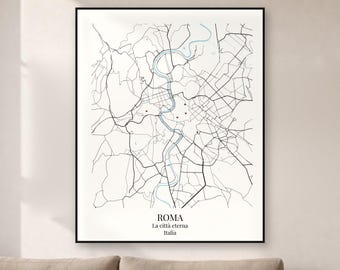 May include: A framed wall art print featuring a minimalist map of Rome, Italy. The design displays black street lines, a light blue river, and small brown dots on a white background. The text at the bottom reads ROMA, La città eterna, Italia.