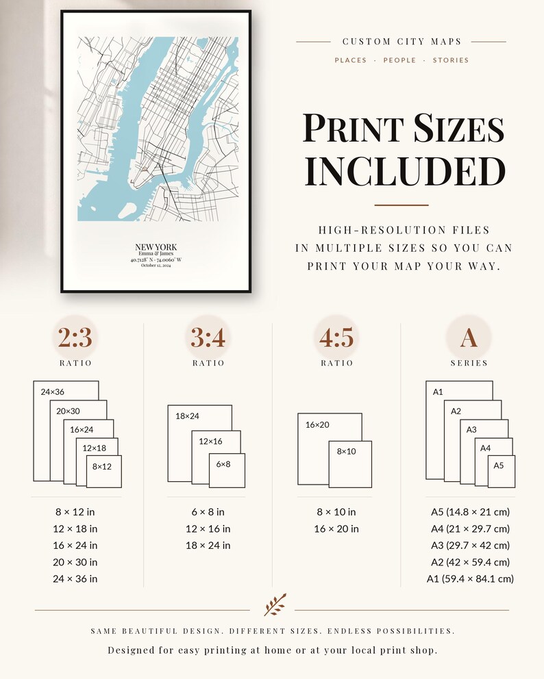 May include: A custom city map print featuring a New York street grid in black lines on a white background with blue water areas. The text reads CUSTOM CITY MAPS, PRINT SIZES INCLUDED, and lists various ratios and dimensions in inches and cm.
