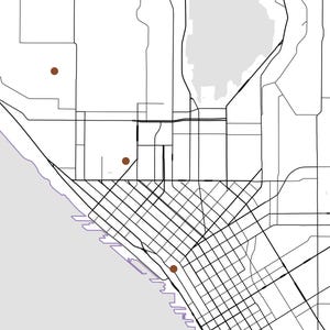 May include: A minimalist black and white map illustration featuring a grid of city streets, a coastal shoreline, and three distinct brown circular markers placed at different locations across the urban layout.
