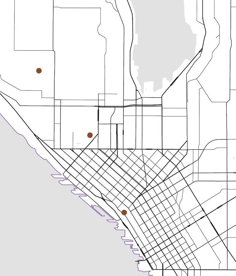 May include: A minimalist black and white map illustration featuring a grid of city streets, a coastal shoreline, and three distinct brown circular markers placed at different locations across the urban layout.