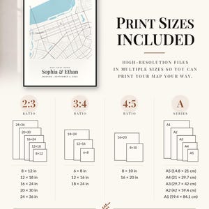May include: A digital map print titled Our First Home featuring Sophia & Ethan, Boston, September 3, 2022. The graphic displays various print size ratios including 2:3, 3:4, 4:5, and A series with dimensions in inches from 8x12 to 24x36.