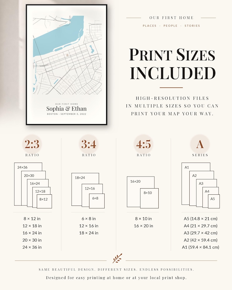 May include: A digital map print titled Our First Home featuring Sophia & Ethan, Boston, September 3, 2022. The graphic displays various print size ratios including 2:3, 3:4, 4:5, and A series with dimensions in inches from 8x12 to 24x36.