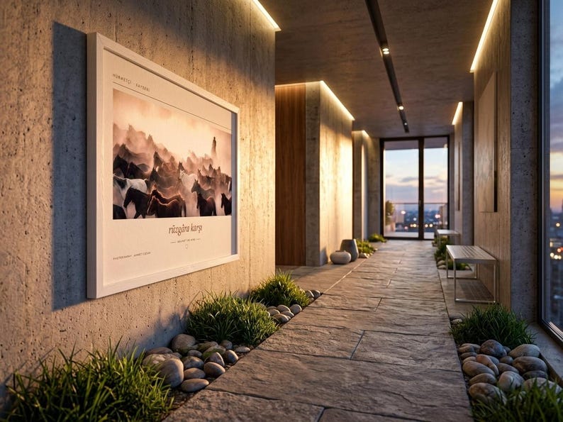 May include: A rectangular framed wall art print featuring a sepia-toned photograph of a herd of horses running through dust. The print includes the text "H&Uuml;RMET&Ccedil;İ - KAYSERİ" at the top and "YILKI ATLARI" at the bottom, displayed in a white frame.