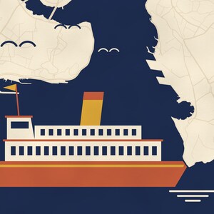May include: A graphic illustration of a ferry boat with a white cabin, orange hull, and yellow smokestack, positioned between two beige landmasses on a dark blue background, with three small dark blue bird silhouettes flying above the water.