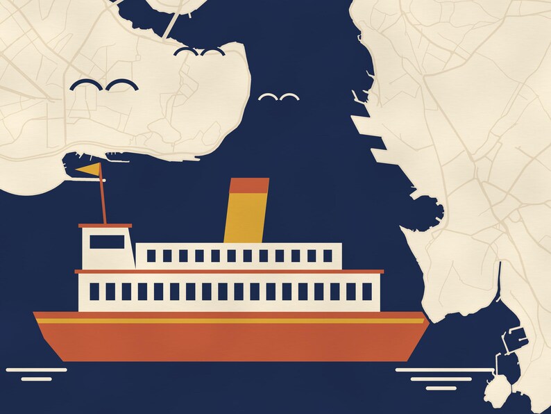 May include: A graphic illustration of a ferry boat with a white cabin, orange hull, and yellow smokestack, positioned between two beige landmasses on a dark blue background, with three small dark blue bird silhouettes flying above the water.