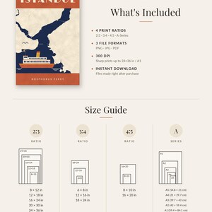 May include: A digital poster featuring an Istanbul Bosphorus ferry illustration with text. The image includes a What's Included section detailing 4 print ratios, 3 file formats, 300 DPI, and a Size Guide chart listing dimensions in inches and cm.