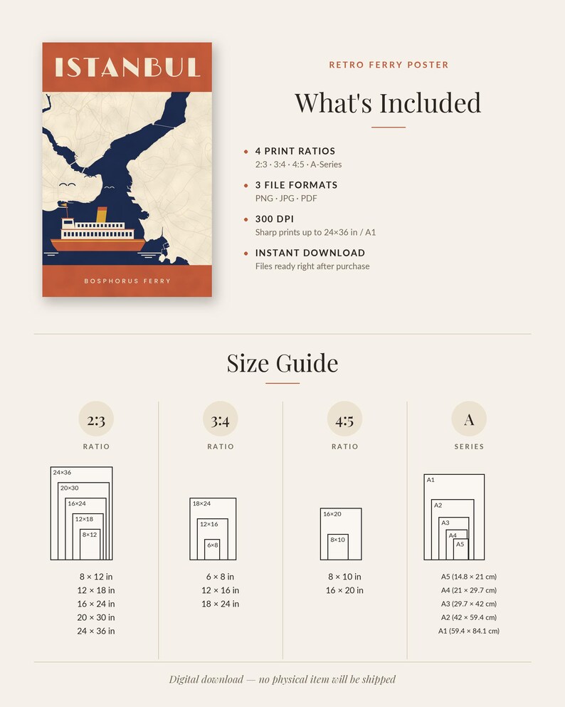 May include: A digital poster featuring an Istanbul Bosphorus ferry illustration with text. The image includes a What's Included section detailing 4 print ratios, 3 file formats, 300 DPI, and a Size Guide chart listing dimensions in inches and cm.