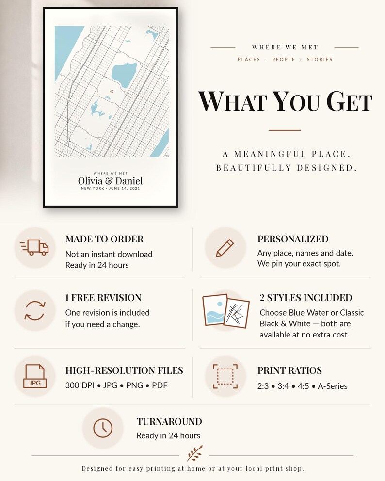 May include: A personalized map print featuring a grid of city streets with light blue water elements. The text reads WHERE WE MET, Olivia & Daniel, NEW YORK JUNE 14, 2021. The image includes informational text about custom map design services.