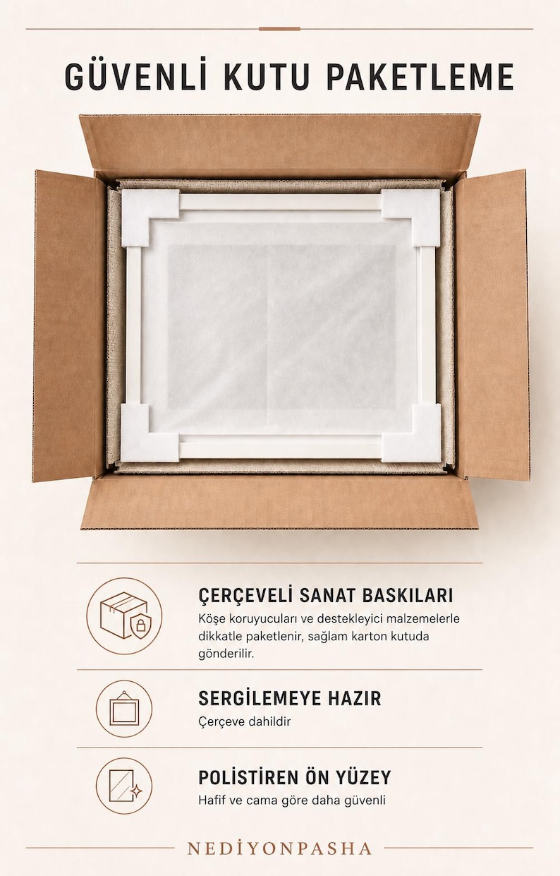 Op de afbeelding: Een rechthoekige witte lijst beschermd door witte schuimrubberen hoekbeschermers, geplaatst in een bruine kartonnen verzenddoos. De tekst G&Uuml;VENLİ KUTU PAKETLEME, &Ccedil;ER&Ccedil;EVELİ SANAT BASKILARI, SERGİLEMEYE HAZIR, POLİSTİREN &Ouml;N Y&Uuml;ZEY en NEDİYONPASHA is zichtbaar.
